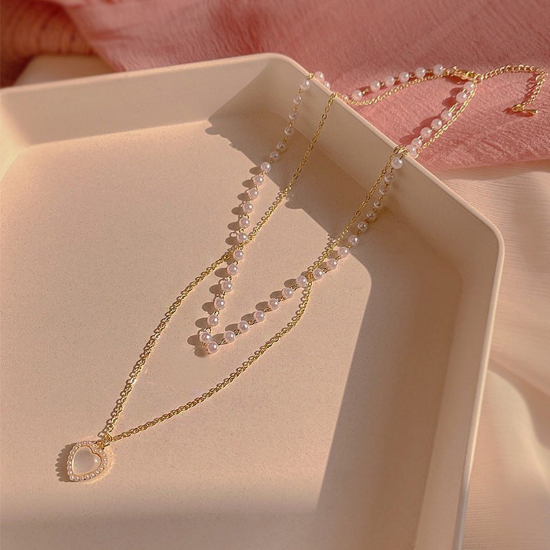 Pearl Opal Heart Layered Necklace