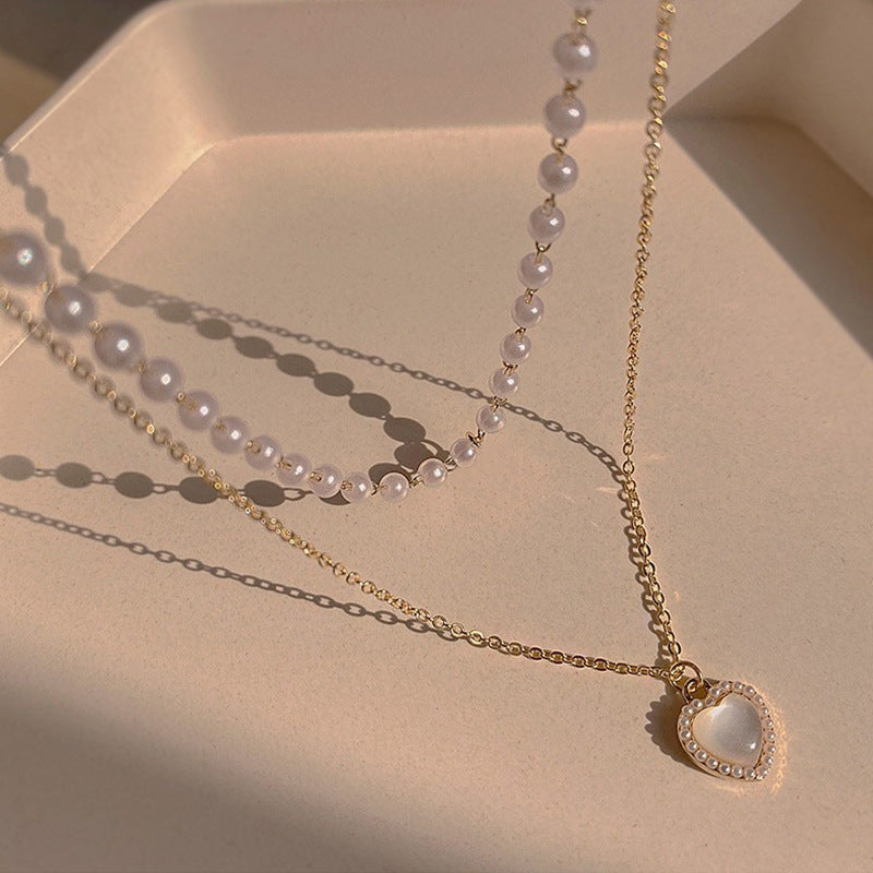 Pearl Opal Heart Layered Necklace