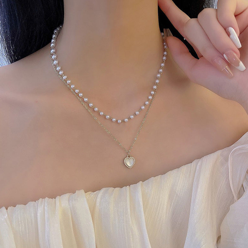Pearl Opal Heart Layered Necklace